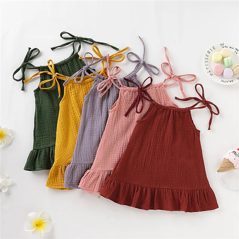 1-5 Years Old Kid Girl Summer Breathable Cotton Slip Dress Adjustable Solid Color Halter Dress Toddler Girl Holiday Beachwea